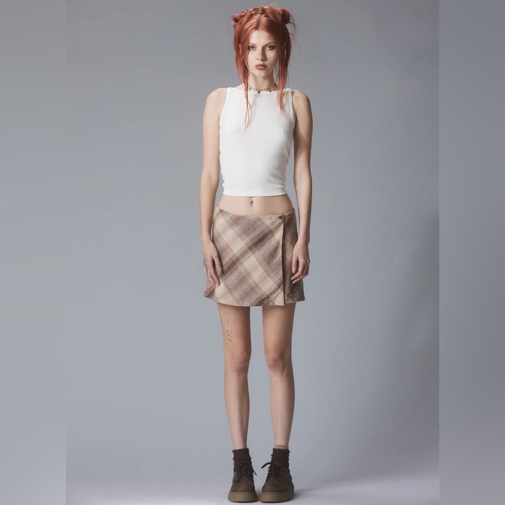 UNIF WITZ SKIRT L Mini Wrap Linen Blend Brown Cream Plaid Academia Schoolgirl - Picture 4 of 14